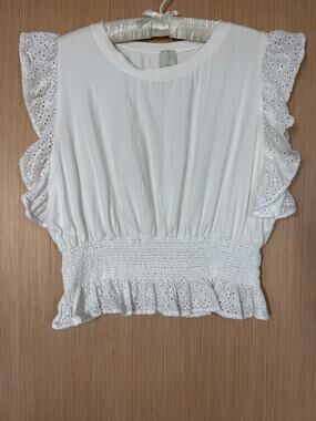 Joie 100% Cotton Eyelet Flutter Sleeve Ruffle Hem Top Size XL White Boho Chic